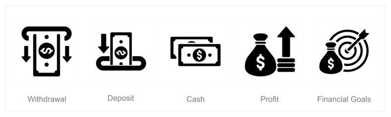A set of 5 Finance icons as withdrawal, deposit, cash