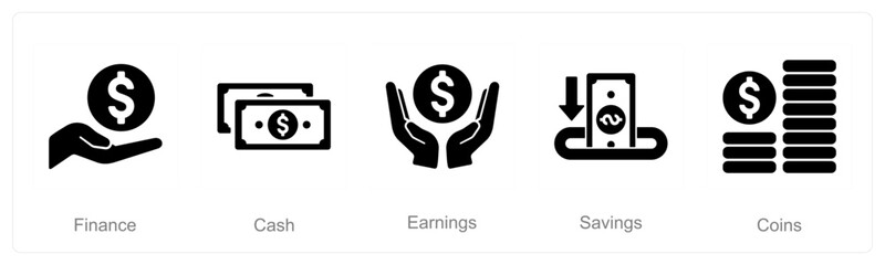 A set of 5 Finance icons as finance, cash, earning