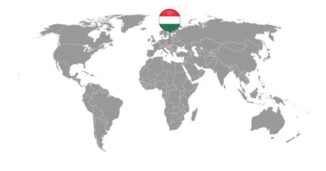 Pin map with Hungary flag on world map. Vector illustration.