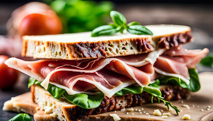 Tasty cured meats, italian prosciutto sandwich - set composition of food photography. - obrazy, fototapety, plakaty