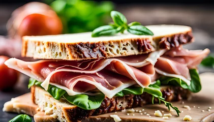 Foto op Plexiglas Tasty cured meats, italian prosciutto sandwich - set composition of food photography. © Myvector