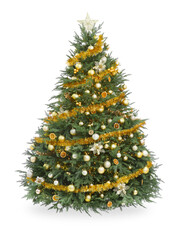 Beautiful Christmas tree decorated with ornaments isolated on white