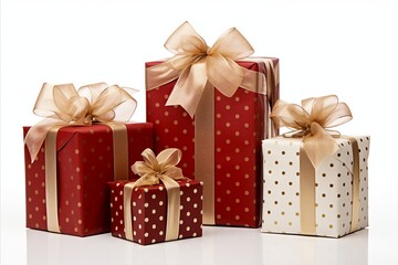 Obraz premium assorted red and white gift wrapped presents with red and gold ribbon bows on white background