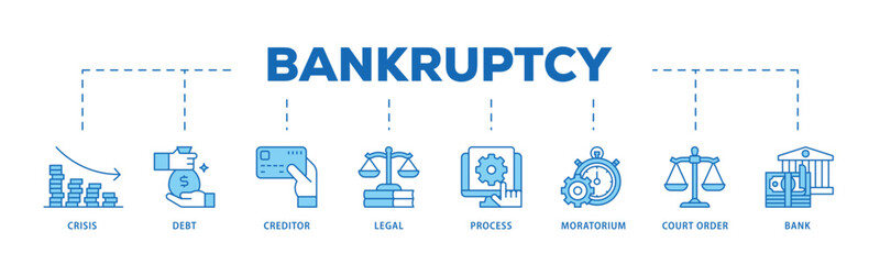 Bankruptcy infographic icon flow process which consists of bank ,court order, legal, moratorium, process, creditor, debt, crisis icon live stroke and easy to edit  - obrazy, fototapety, plakaty