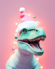 Laughing dinosaur with a santa hat adorned with sparkling christmas ornaments and bright lights