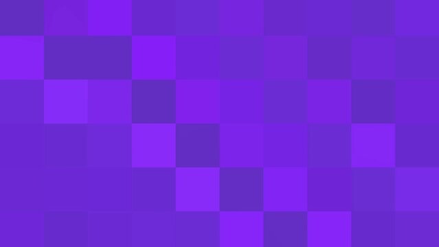 Geometric animated pattern in purple shades. Flashing lavender purple violet square shapes. Pulsing pixels animation loop. Abstract pixelated gradient background 4K, copy space. Mosaic backdrop banner
