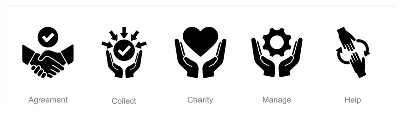 A set of 5 Hands icons as agreement, collect, charity