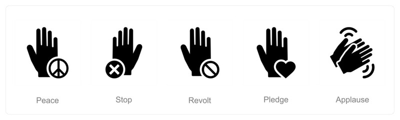 A set of 5 Hands icons as peace, stop, revolt