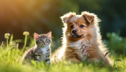 Naklejka na ściany i meble Curious kitten and playful dog on sunny lawn, blurred background, space for text and messages