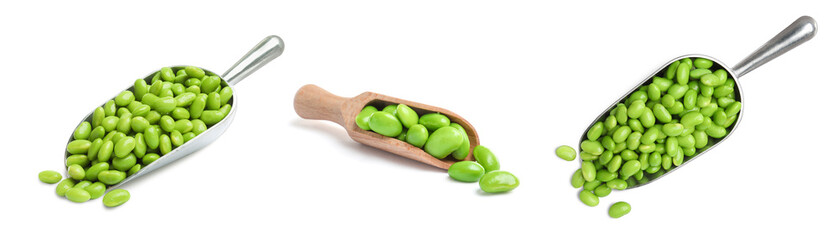 Scoop with fresh edamame soybeans isolated on white, set