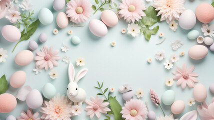 Fototapeta na wymiar Easter eggs in pastel colors flatlay copy space background for product placement mockup decorated with spring flowers and herbs.