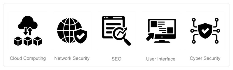 A set of 5 Hard Skills icons as cloud computing, network security, seo