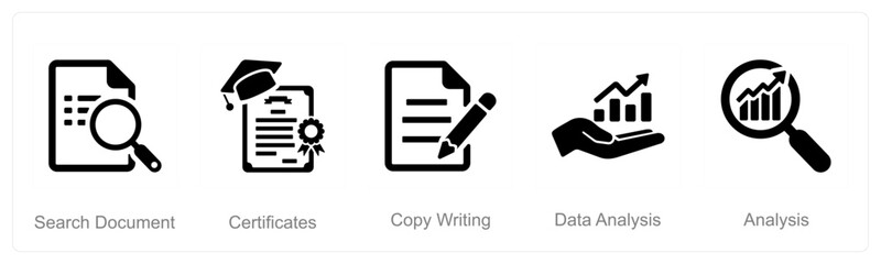 A set of 5 Hard Skills icons as search document, certificates, copy writing