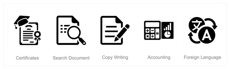 A set of 5 Hard Skills icons as certificates, search document, copy writing