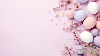 Naklejka na ściany i meble Easter eggs in pastel colors flatlay copy space background for product placement mockup decorated with spring flowers and herbs.