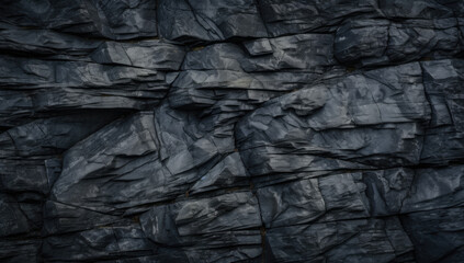 Fototapeta premium Dark Aged Shabby Cliff Face And Divided By Huge Cracks And Layers. Coarse, Rough Gray Stone Or Rock Texture Of Mountains, Background And Copy Space For Text On Theme Geology And Mountaineering.