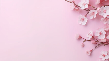 Fototapeta na wymiar Spring sakura. cherry blossom in pastel colors flatlay copy space banner background for product placement mockup decorated with spring flowers and herbs.