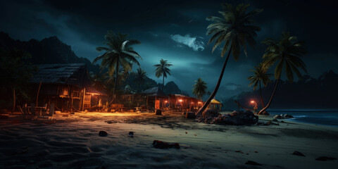 Naklejka premium Tropical beach at night with palms and bungalows. Seascape. Generative AI