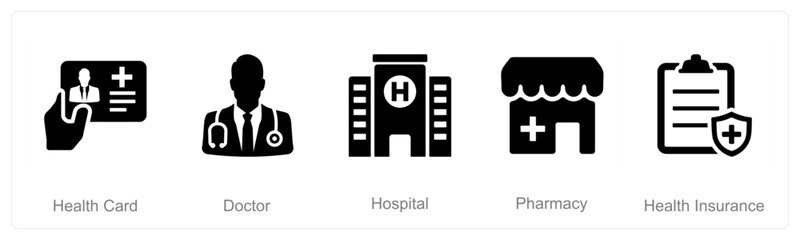 A set of 5 Health Checkup icons as health card, doctor, hospital