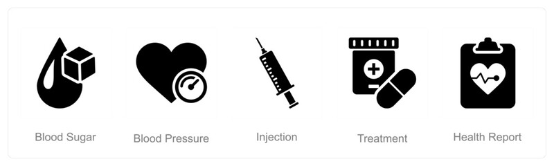 A set of 5 Health Checkup icons as blood sugar, blood pressure, injection