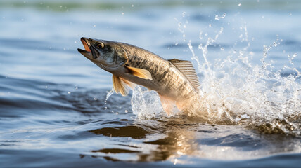 Walleye fish jumping out of river water. Fishing background. Fishing hobby vacation concept. Copy space.
