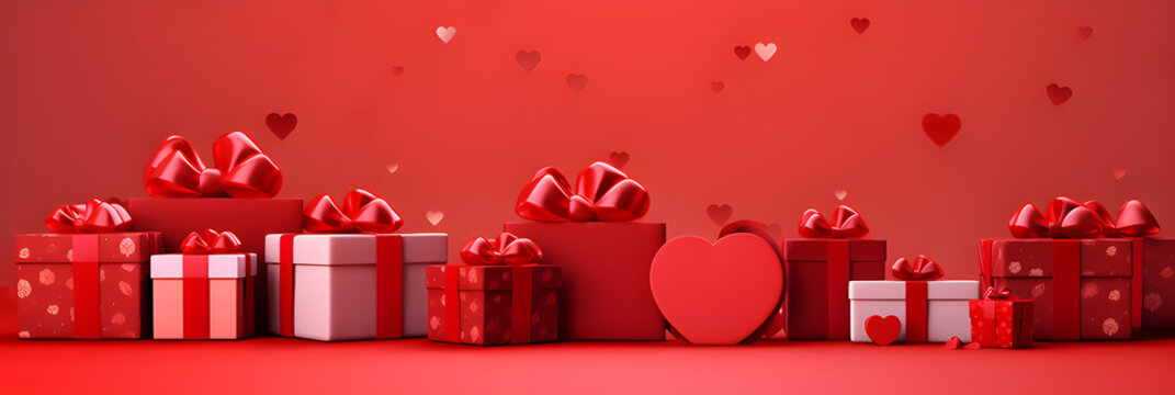 Happy Valentine's Day Poster or banner with cute font, sweet hearts and gift box on red background, Promotion and shopping template or background for Love and Valentine's day concept - Powered by Adobe
