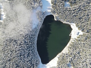 Aerial photo of the lake taken in winter.Savsat, Artvin, Turkey, Black Lake (karagol), National Park