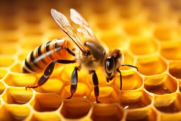 Close up of a beautiful bee collecting nectar on a honeycomb in warm and bright natural light