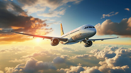 A passenger airplane flies above the clouds in the sunlight 