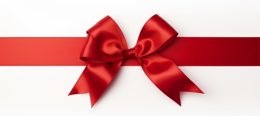 Festive red ribbon bow for birthday or christmas banner with white background and text space