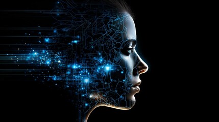 Human Profile Hologram with Digital Brain, network circuit, seamless integration, artificial intelligence, futuristic