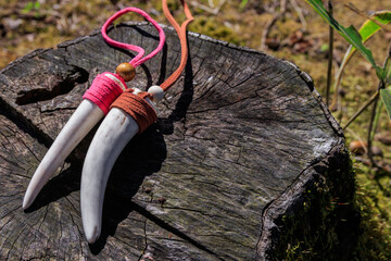 切り株の上にある鹿の角装飾品