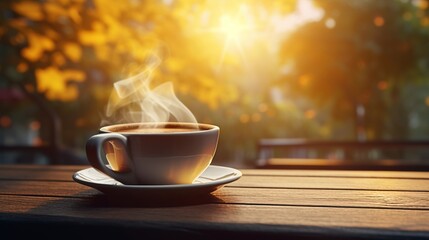 Steaming cup of freshly brewed coffee on table with blurred background and copy space - obrazy, fototapety, plakaty