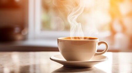 Steaming cup of coffee on table with blurred background, morning shot with space for text placement