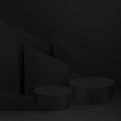 Exquisite black stage mockup with set of two round podiums for presentation cosmetic products,...