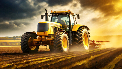 Close-up of an orange tractor with harrow is plowing a field for sowing seeds into purified soil at sunset or sunrise.