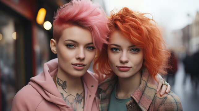 Pretty twins girls with pink cilor hair having time together at the sity. Two bisexual woman with pink hair at the sity street. Lesbian couple at the street. Generative AI
