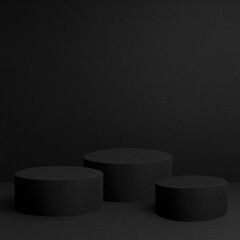 Abstract stage mockup with set of three black round podiums for presentation cosmetic products, goods, advertising, design on black background, square. Abstract scene in fashion modern minimal style.