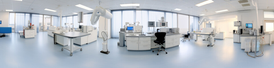 pseudo 360 Hospital interior design with operating table and lamp with cabinets and modern devices with air conditioning split system in light surgery room