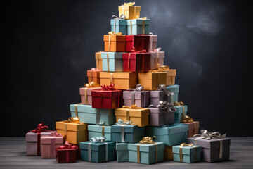 Pyramid of colorful gift boxes on dark background with copy space.
