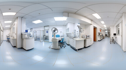 pseudo 360 Hospital interior design with operating table and lamp with cabinets and modern devices with air conditioning split system in light surgery room