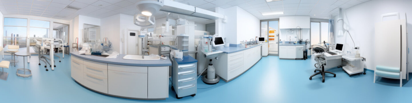 pseudo 360 Hospital interior design with operating table and lamp with cabinets and modern devices with air conditioning split system in light surgery room
