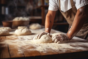 Skilled baker kneading dough in bakery for baking bread   bright photo with blurred background