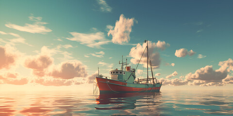Shot of a fishing boat on the water, Sea Storm Ship, A rusty old fishing vessel in the port, Fishing ship at sea water ocean expedition, Trawler fishing boat sailing in open waters,  generative ai