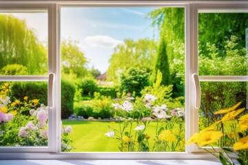 Picturesque view on green garden through clean window on summer sunny day.