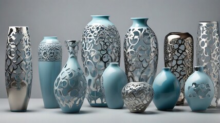 sky blue and silver vases on background