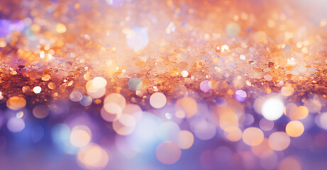 Obraz na płótnie Canvas An abstract background with bokeh effect mad up of a cluster of blurred lights and glitters. Purple, orange, and white hues. Dreamy, festive and ethereal mood.
