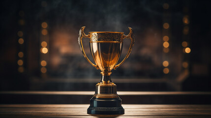 Elegant trophy against dark backdrop placed on weathered wooden table, Capturing contrast of...