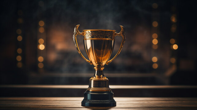 Elegant trophy against dark backdrop placed on weathered wooden table, Capturing contrast of textures and trophy's reflective surface, AI Generated