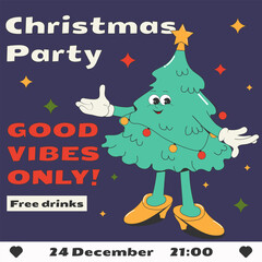 An invitation to a Christmas party in cartoon groovy style. A funny Christmas tree character with hands. legs, face. Vector illustration in retro style of old comics of the 50s-60s.